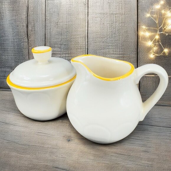 Vintage Franciscan Pottery Sugar Bowl And Creamer Set Ivory With Yellow Edges - Picture 1 of 15